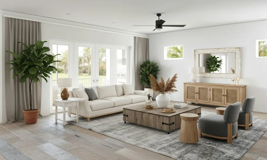 Living room with a cream sofa, wooden coffee table and tall windows
