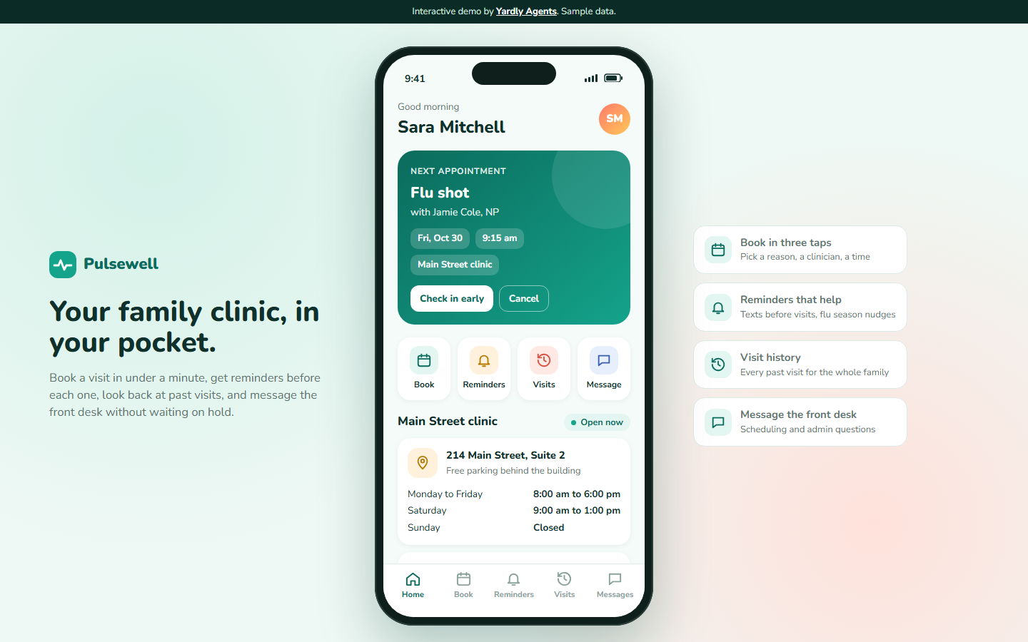Pulsewell Family Clinic app screen
