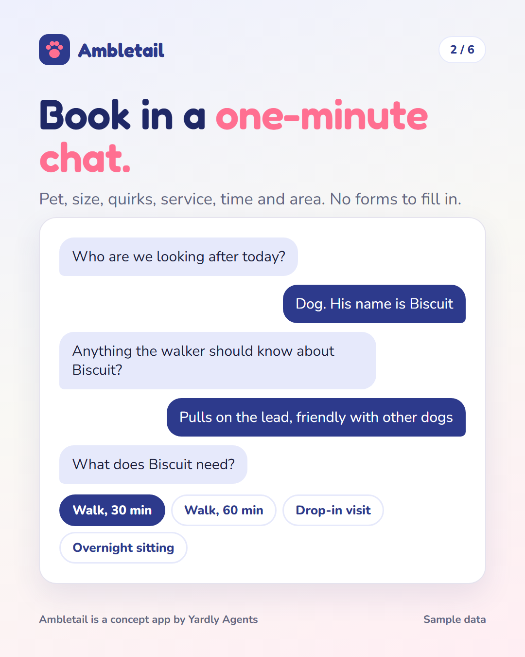Ambletail: book a vetted dog walker in a one-minute chat, slide 2