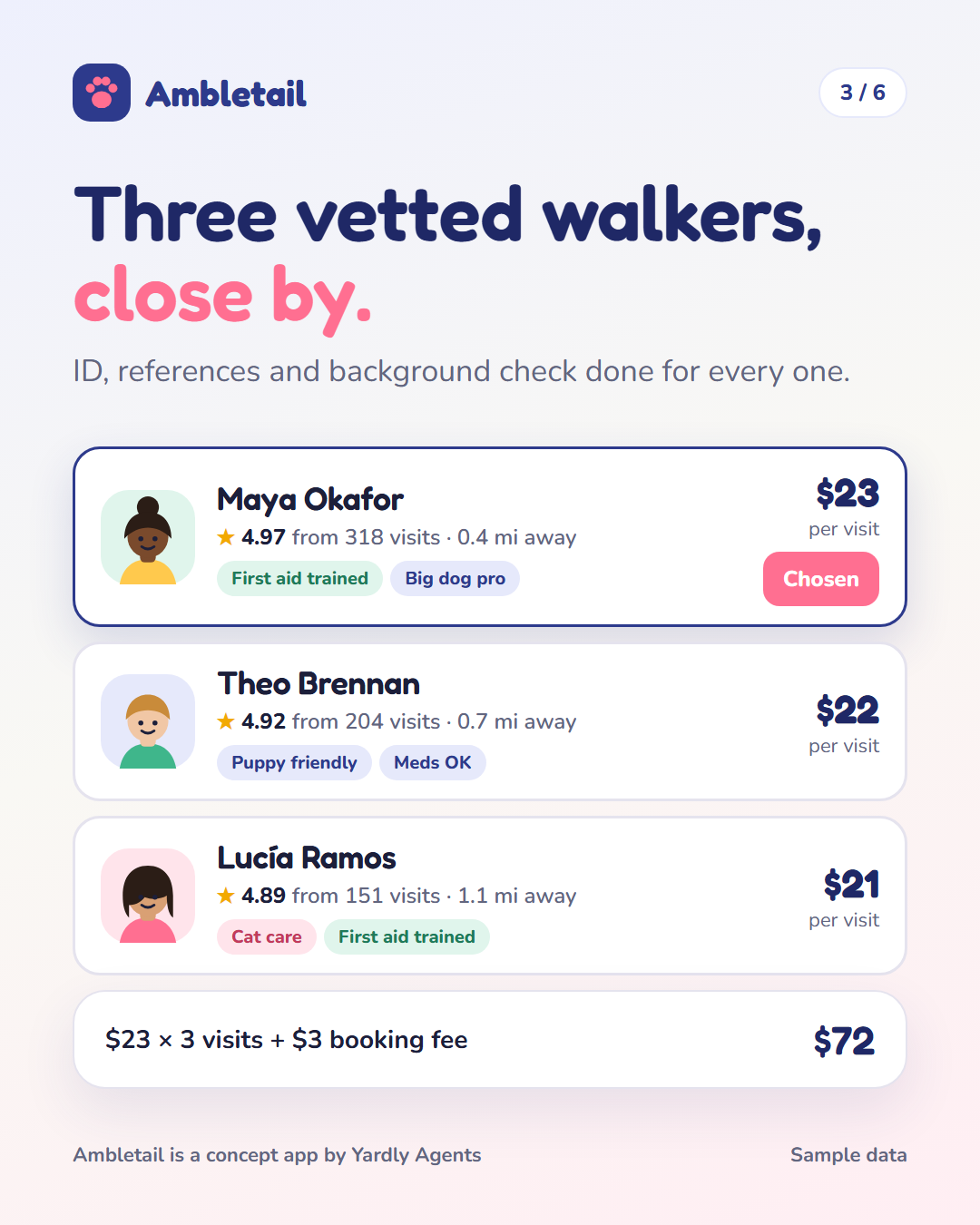Ambletail: book a vetted dog walker in a one-minute chat, slide 3